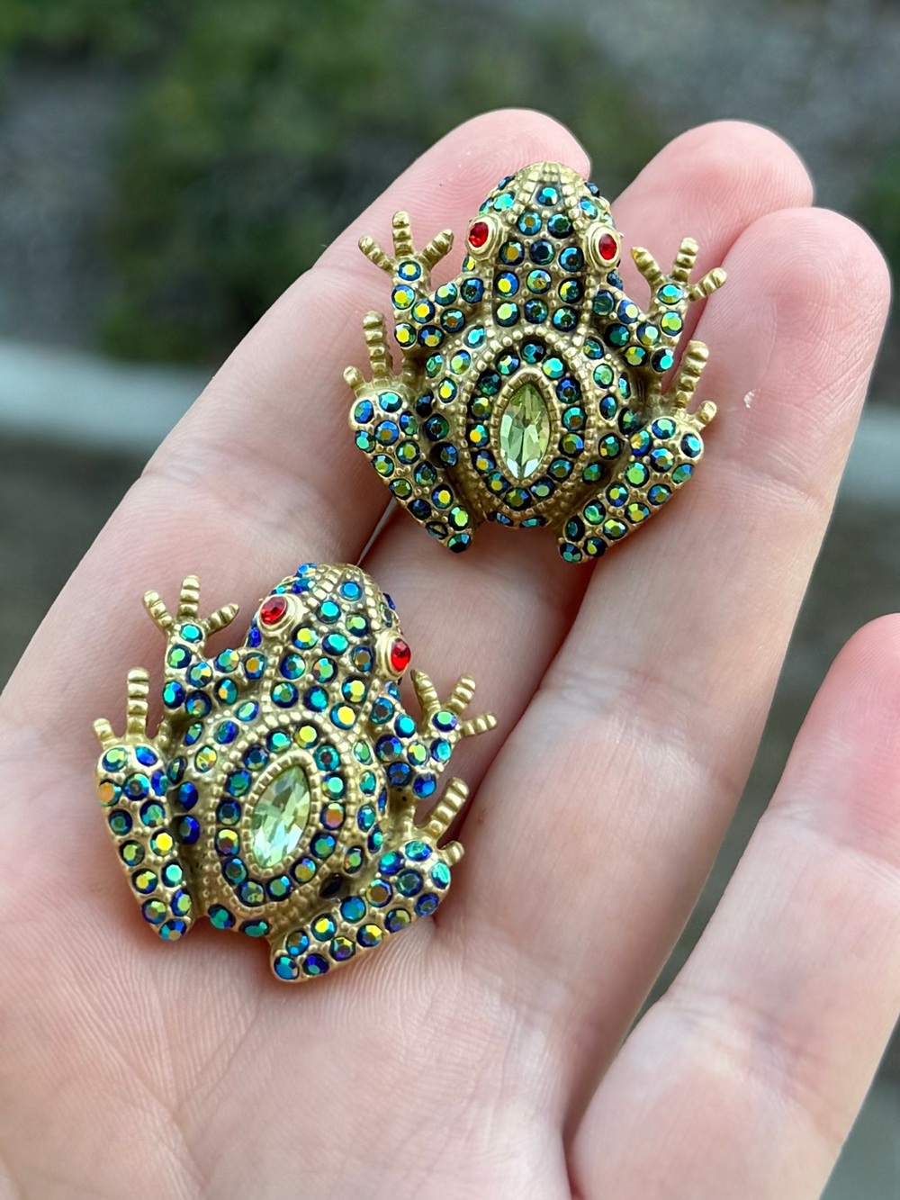 Frog Stud Earrings with Green, Blue and Red Crystals